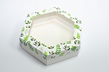 Коробка с прозрачным окном 200х200х60 шестигранная Зеленые листья (белое дно)