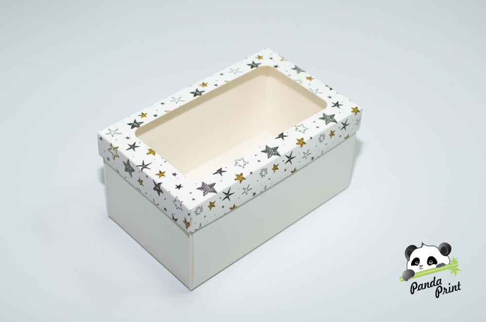 Коробка с прозрачным окном 120х200х100 Черно-золотые звезды (белое дно)