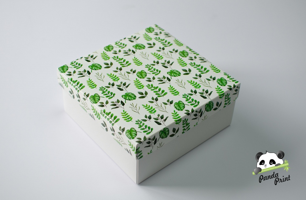 Коробка 220х220х100 Зеленые листья (белое дно)