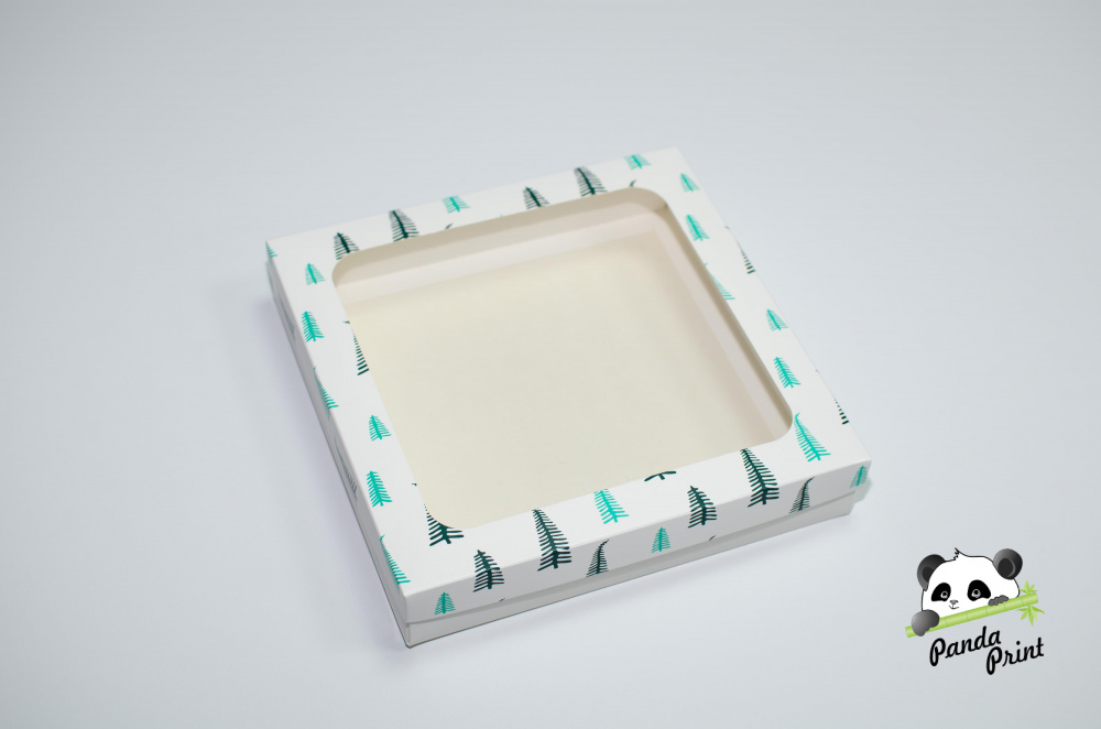 Коробка с прозрачным окном 260х255х50 Елки зелено-салатовые (белое дно)