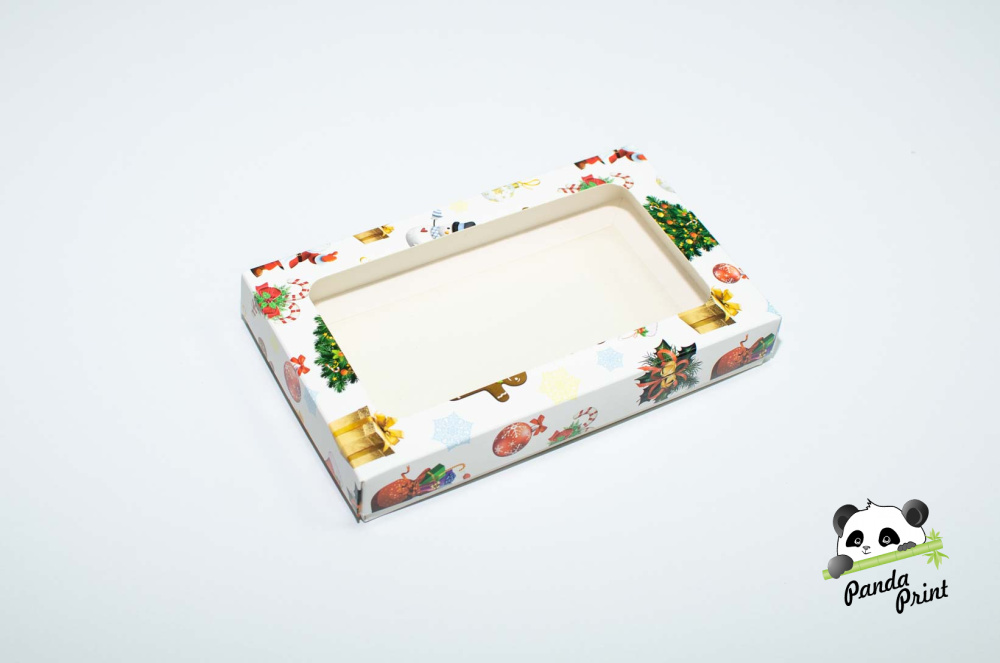 Коробка с прозрачным окном 120х200х30 Дед мороз и имбирный человечек (белое дно)