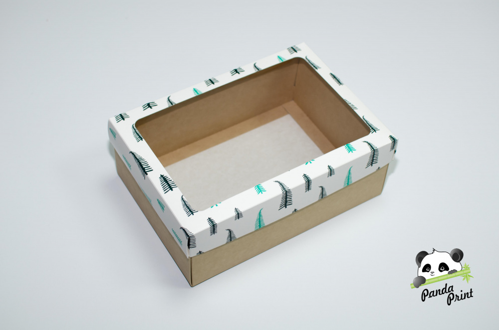 Коробка с прозрачным окном 270х190х100 Елки зелено-салатовые (крафт дно)