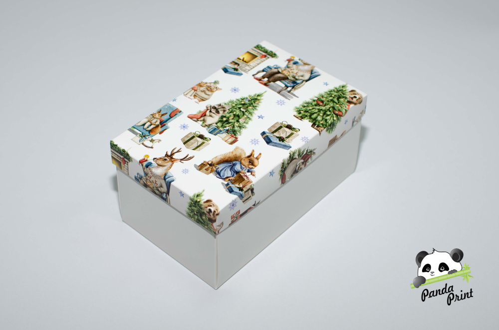 Коробка 120х200х100 Новогодний камин с зверятами (белое дно)