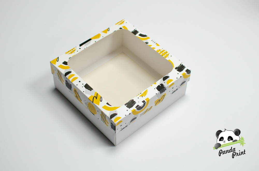 Коробка с прозрачным окном 150х150х70 Желто-черная (белое дно)