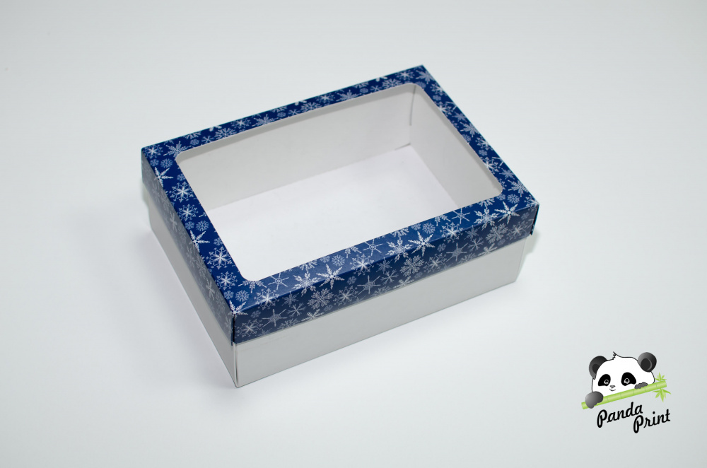 Коробка с прозрачным окном 270х190х100 Снежинки белые на синем фоне (белое дно)