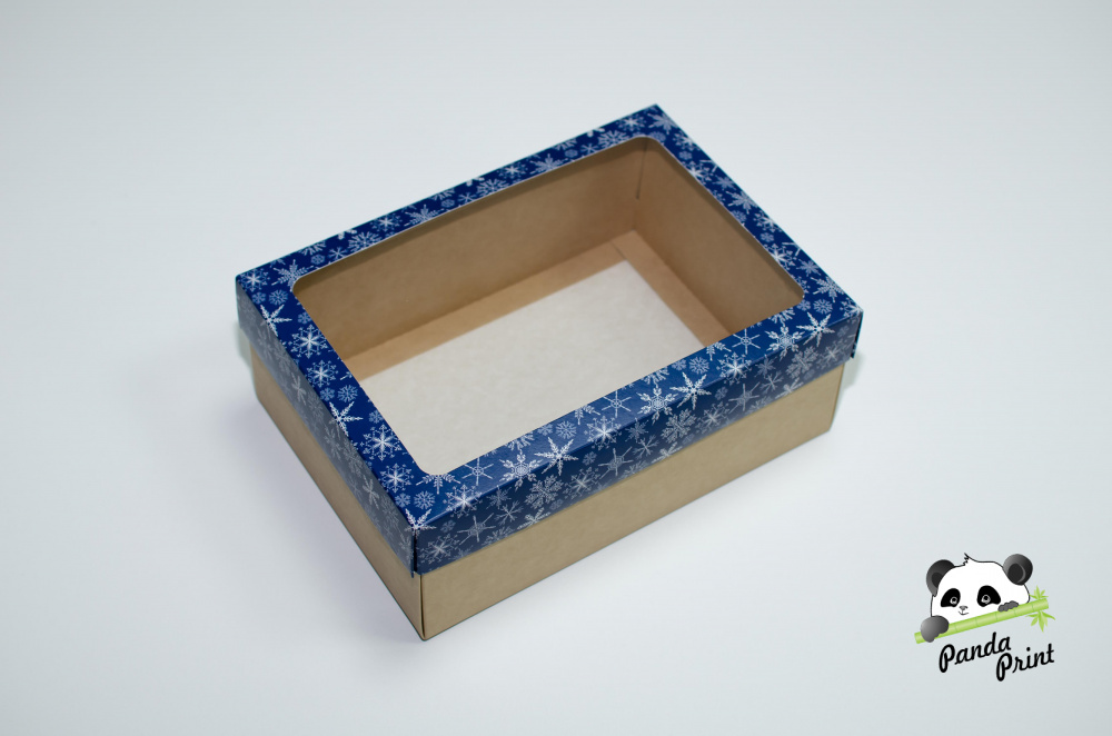 Коробка с прозрачным окном 270х190х100 Снежинки белые на синем фоне (крафт дно)
