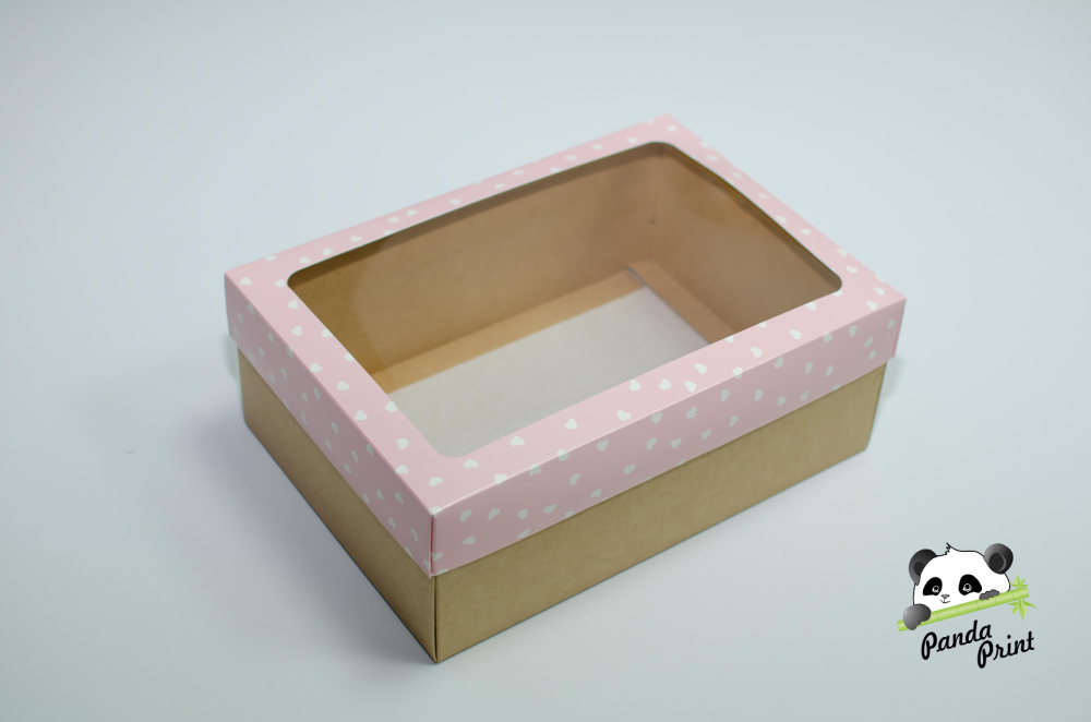 Коробка с прозрачным окном 220х160х90 Сердечки белые на розовом (крафт дно)