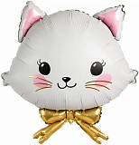 Шар фольгированный (28"/71 см) Фигура, Котенок, Золотой бантик, сатин (арт.27788)