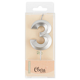 Свеча Цифра 3, Грани, серебро, металлик, 4,2х6 + 4,5 см