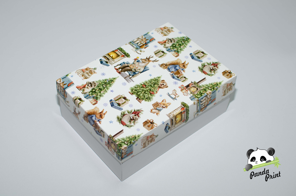 Коробка 270х190х100 Новогодний камин с зверятами (белое дно)