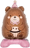 Шар фольгированный (24"/61 см) 3D, Фигура на подставке, Мишка в розовом колпачке (надув воздухом), (арт.26941)