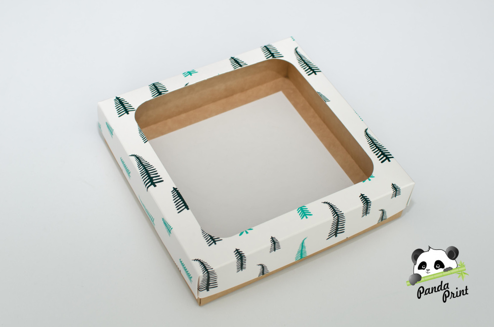 Коробка с прозрачным окном 260х255х50 Елки зелено-салатовые (крафт дно)