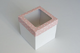 Коробка с прозрачным окном 150х150х150 Сердечки белые на розовом (белое дно)