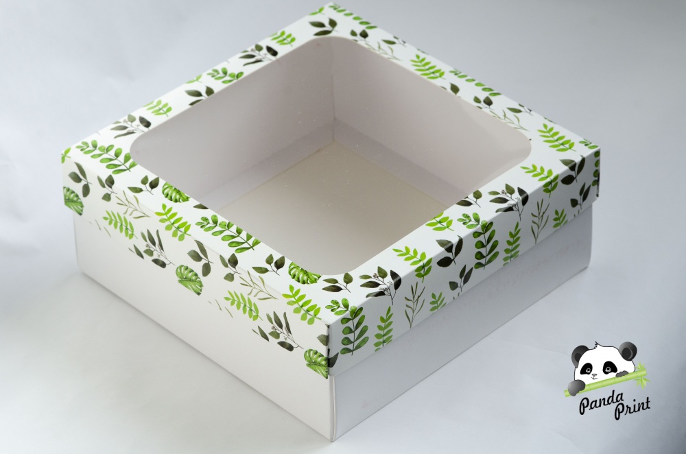 Коробка с прозрачным окном 220х220х100 Зеленые листья (белое дно)