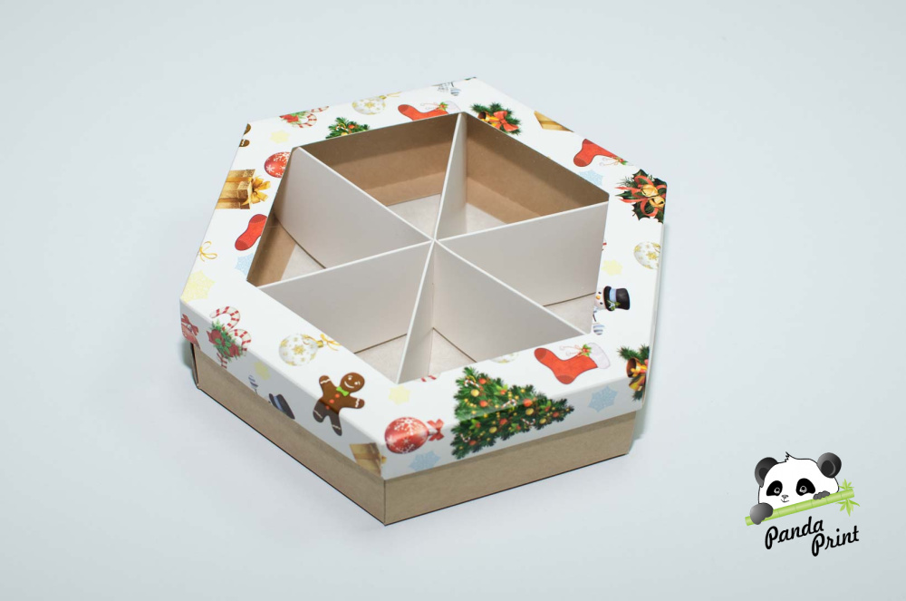 Коробка с прозрачным окном 200х200х60 шестигранная Дед мороз и имбирный человечек (крафт дно). Фото N2