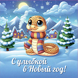 Открытка 80х80 мм С улыбкой в Новый год (голубая)! змея в цветном шарфе