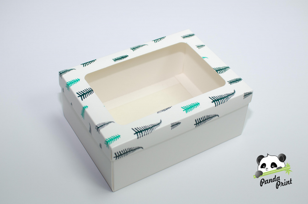 Коробка с прозрачным окном 220х160х90 Елки зелено-салатовые (белое дно)