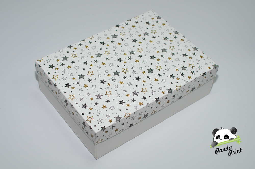Коробка 350х250х100 Черно-золотые звезды (белое дно)