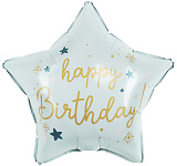 Шар фольгированный (18''/46 см) Звезда, Happy Birthday (праздничные искры), светло-голубой, сатин (арт.24602P)
