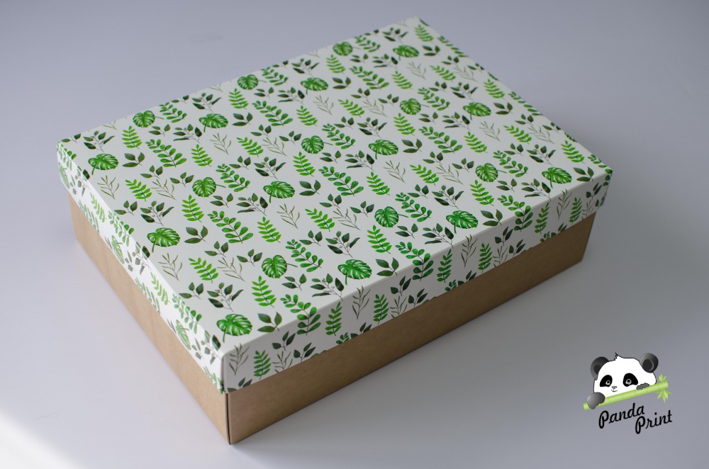 Коробка 350х250х100 Зеленые листья (крафт дно)