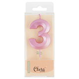Свеча Цифра 3, Грани, розовый, перламутр, 4,2х6 + 4,5 см