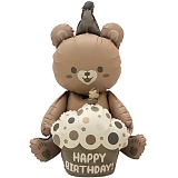 Шар фольгированный (23"/58 см) 3D, Фигура, Мишка с капкейком, бежевый, сатин (надув воздухом), (арт.24873)