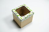 Коробка с прозрачным окном 150х150х150 Зеленые листья (крафт дно)