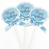 Топперы Happy Birthday (серебрянный глиттер), голубой, с блестками, 5 шт