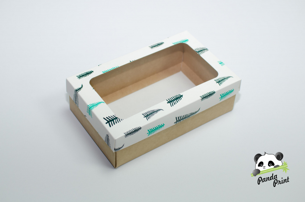 Коробка с прозрачным окном 120х200х60 Елки зелено-салатовые (крафт дно)