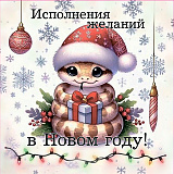 Открытка 80х80 мм Исполнения желаний с Новом году! змея с игрушками