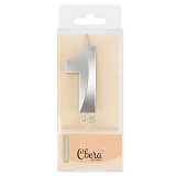 Свеча Цифра 1, Грани, серебро, металлик, 4,2х6 + 4,5 см