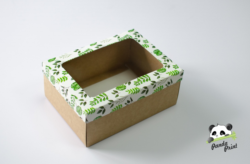 Коробка с прозрачным окном 220х160х90 Зеленые листья (крафт дно)